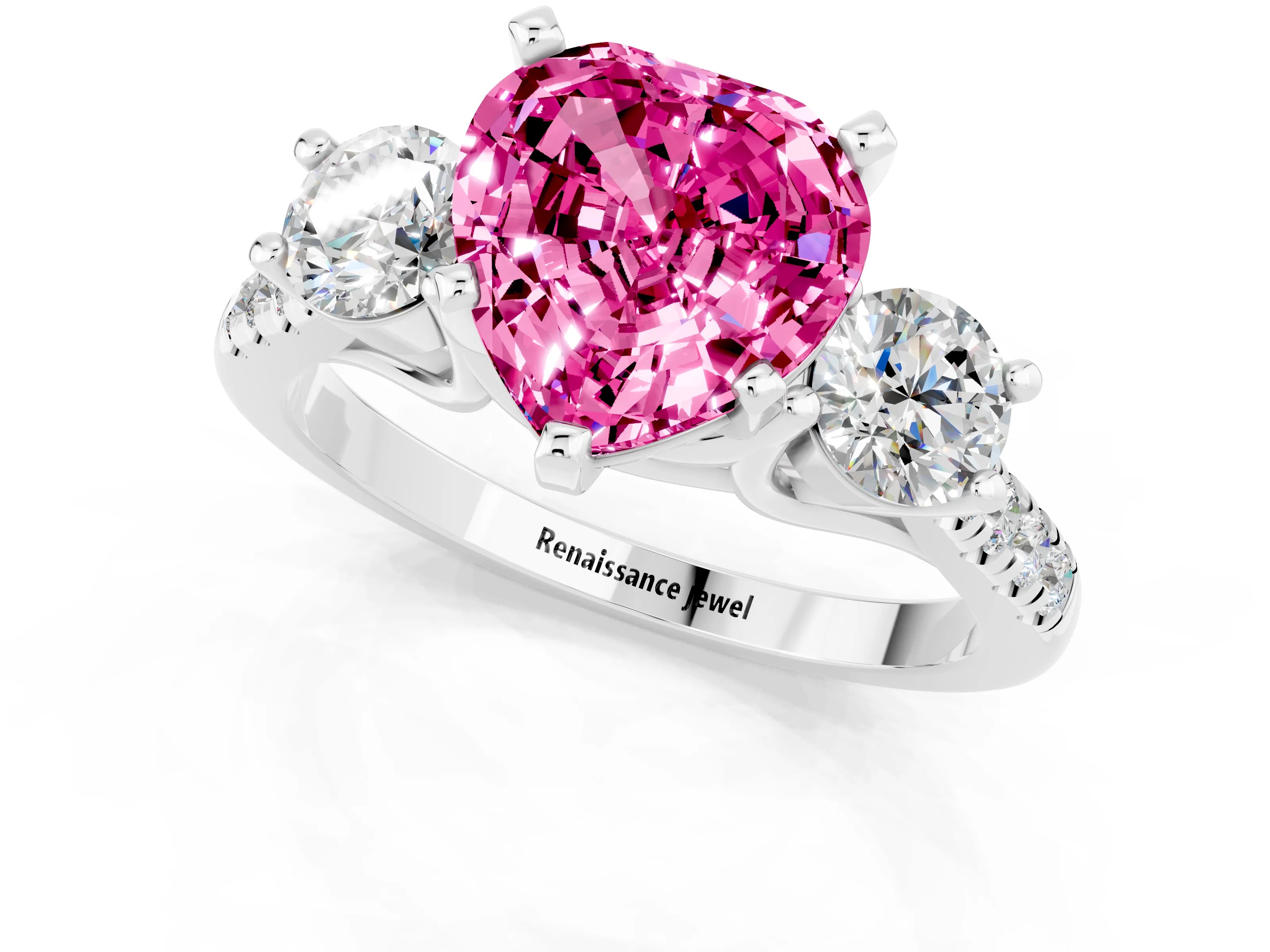 White gold Three-Stone Heart Cut Pink Sapphire Pavé Band with Four-Prong Setting_25