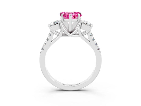 Platinum Three-Stone Heart Cut Pink Sapphire Pavé Band with Four-Prong Setting