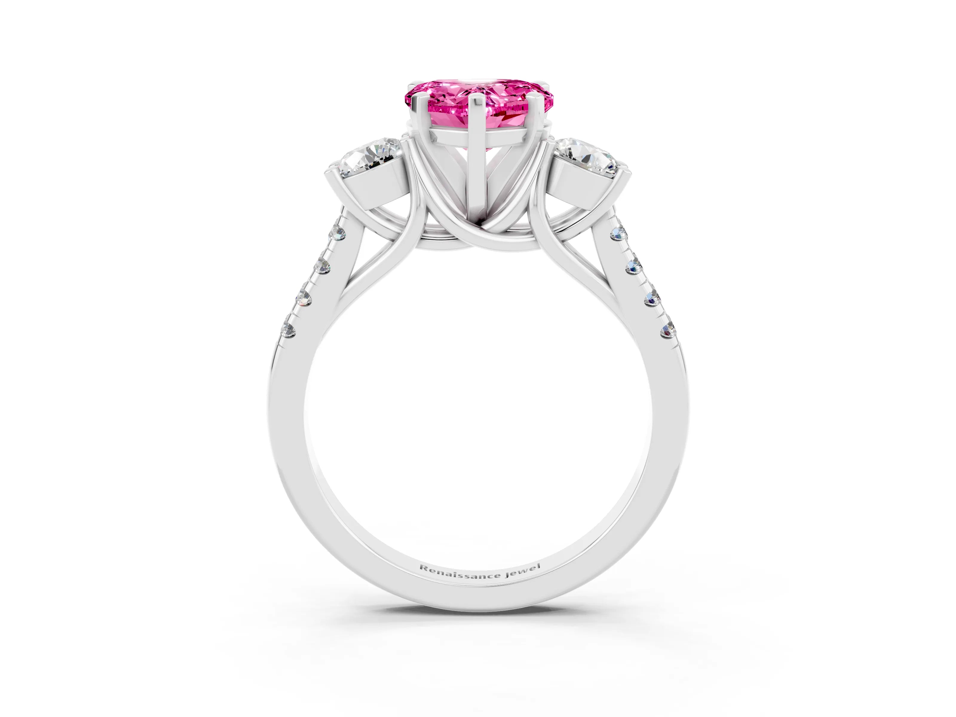 White gold Three-Stone Heart Cut Pink Sapphire Pavé Band with Four-Prong Setting_27