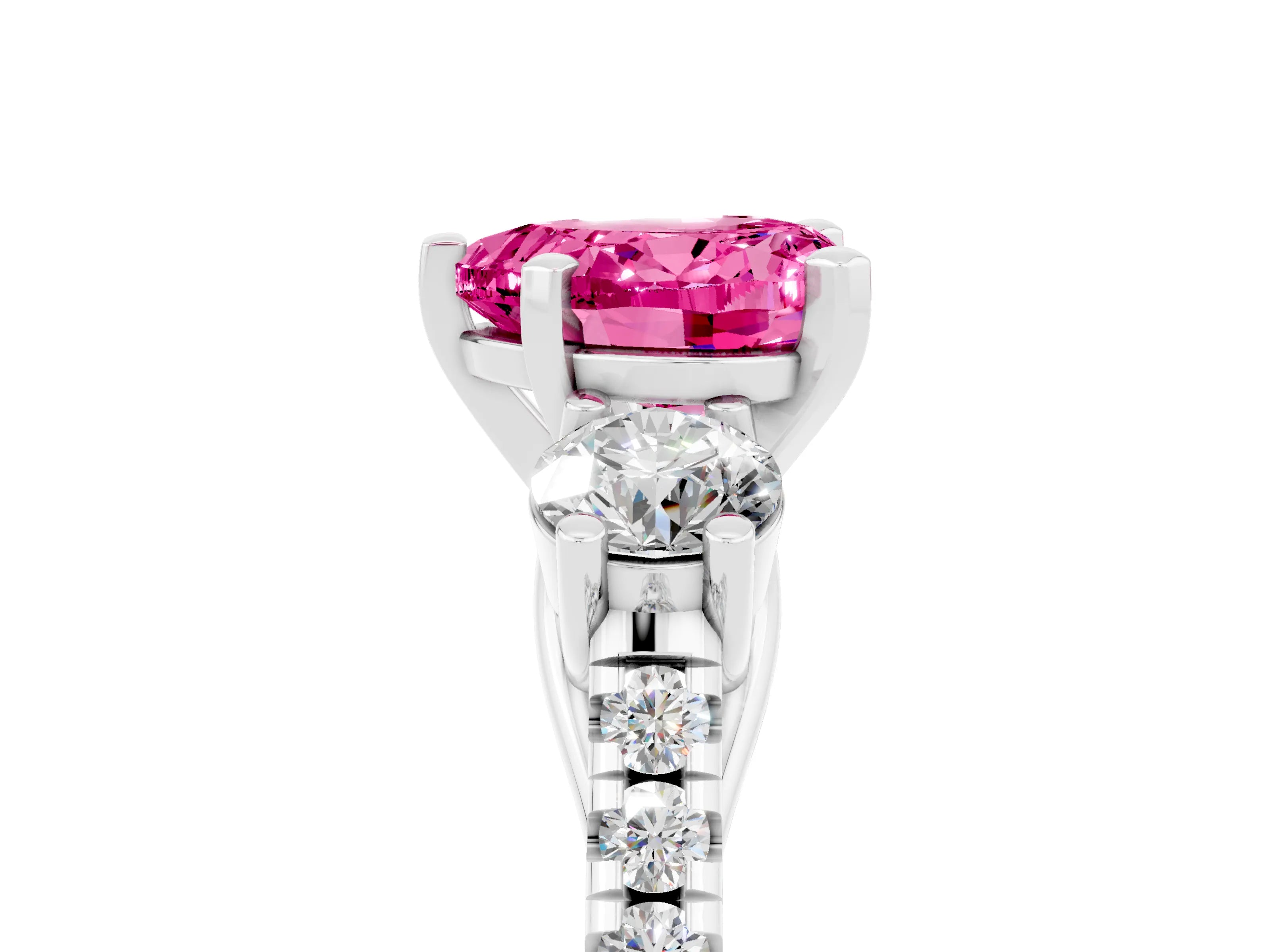 White gold Three-Stone Heart Cut Pink Sapphire Pavé Band with Four-Prong Setting_29