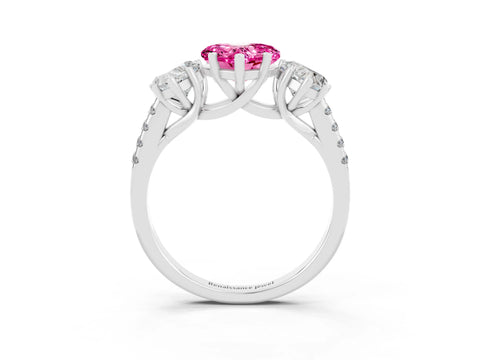 White gold Three-Stone Heart Cut Pink Sapphire Ring with Pavé Band and Prong Setting_39