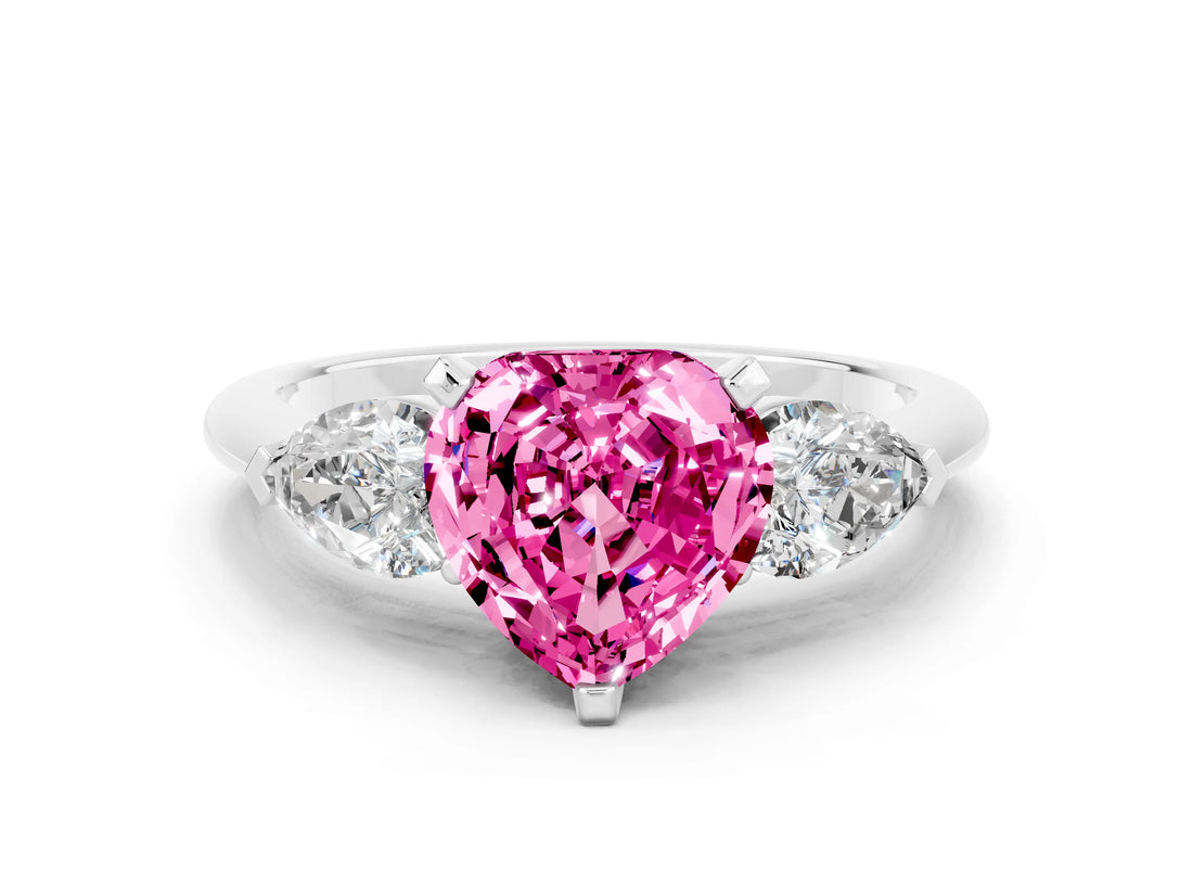 White gold Three-Stone Heart Cut Pink Sapphire Ring with Pear Side Stones and Four-Prong Setting_24