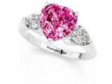 White gold Three-Stone Heart Cut Pink Sapphire Ring with Pear Side Stones and Four-Prong Setting_25
