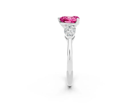 White gold Three-Stone Heart Cut Pink Sapphire Ring with Pear Side Stones and Four-Prong Setting_26
