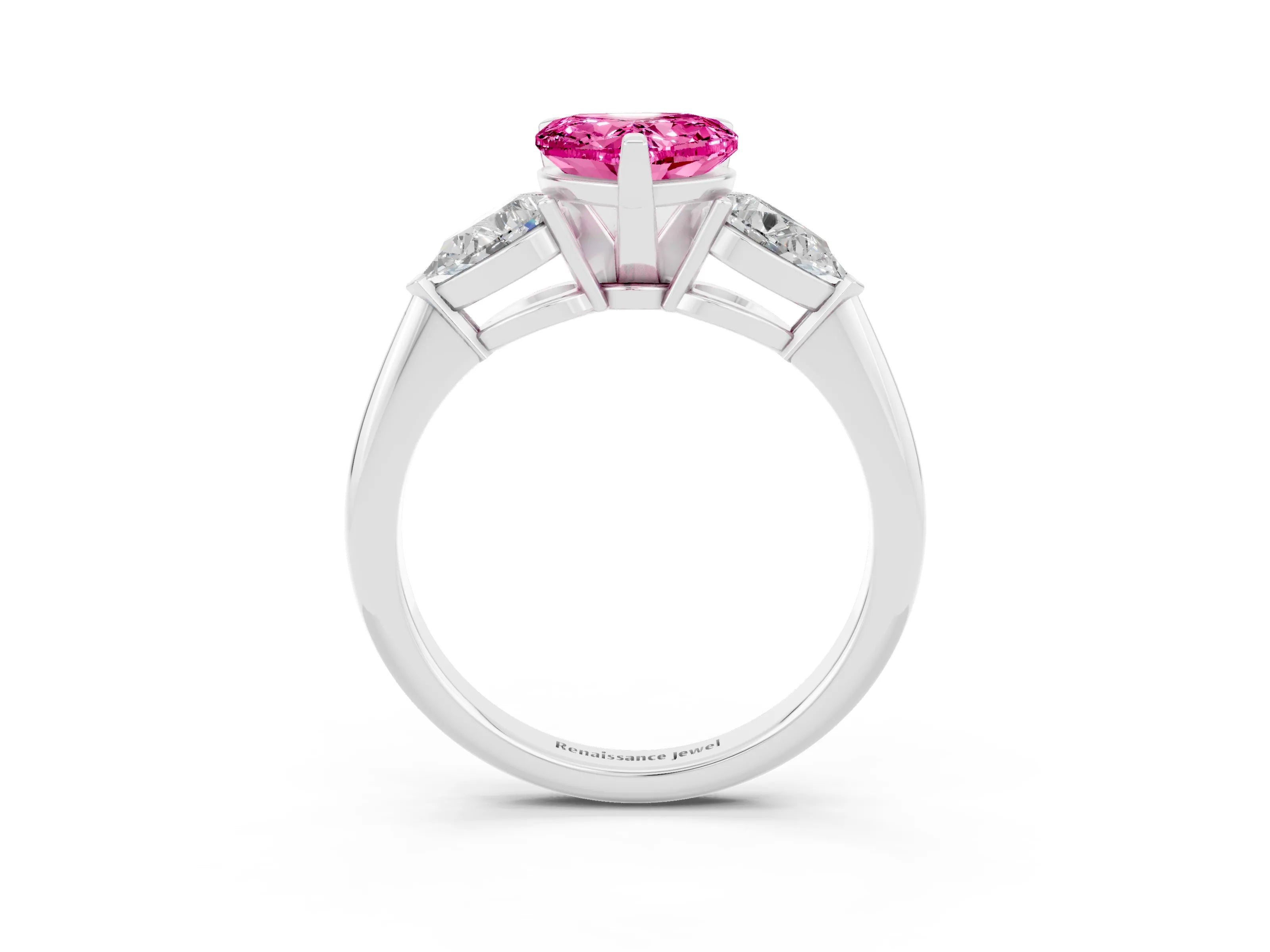 White gold Three-Stone Heart Cut Pink Sapphire Ring with Pear Side Stones and Four-Prong Setting_27