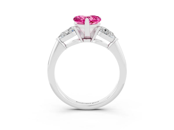 Silver Three-Stone Heart Cut Pink Sapphire Ring with Pear Side Stones and Four-Prong Setting