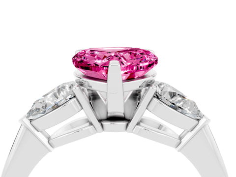 White gold Three-Stone Heart Cut Pink Sapphire Ring with Pear Side Stones and Four-Prong Setting_28