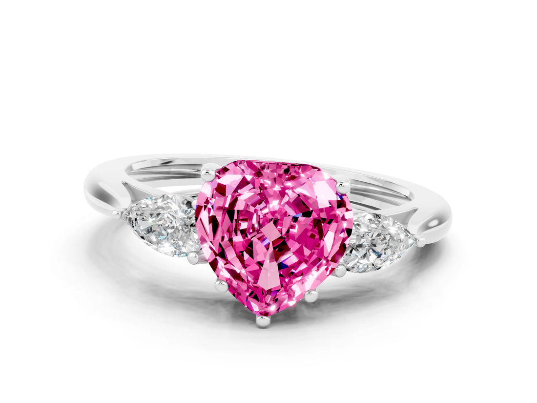 White gold Three-Stone Heart Cut Pink Sapphire Ring with Pear  Side Stones in Four-Prong Setting_12