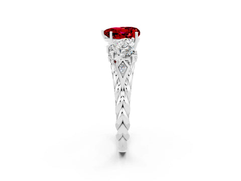 White gold Three-Stone Heart Cut Ruby Braided Band Ring with Four-Prong Setting_47