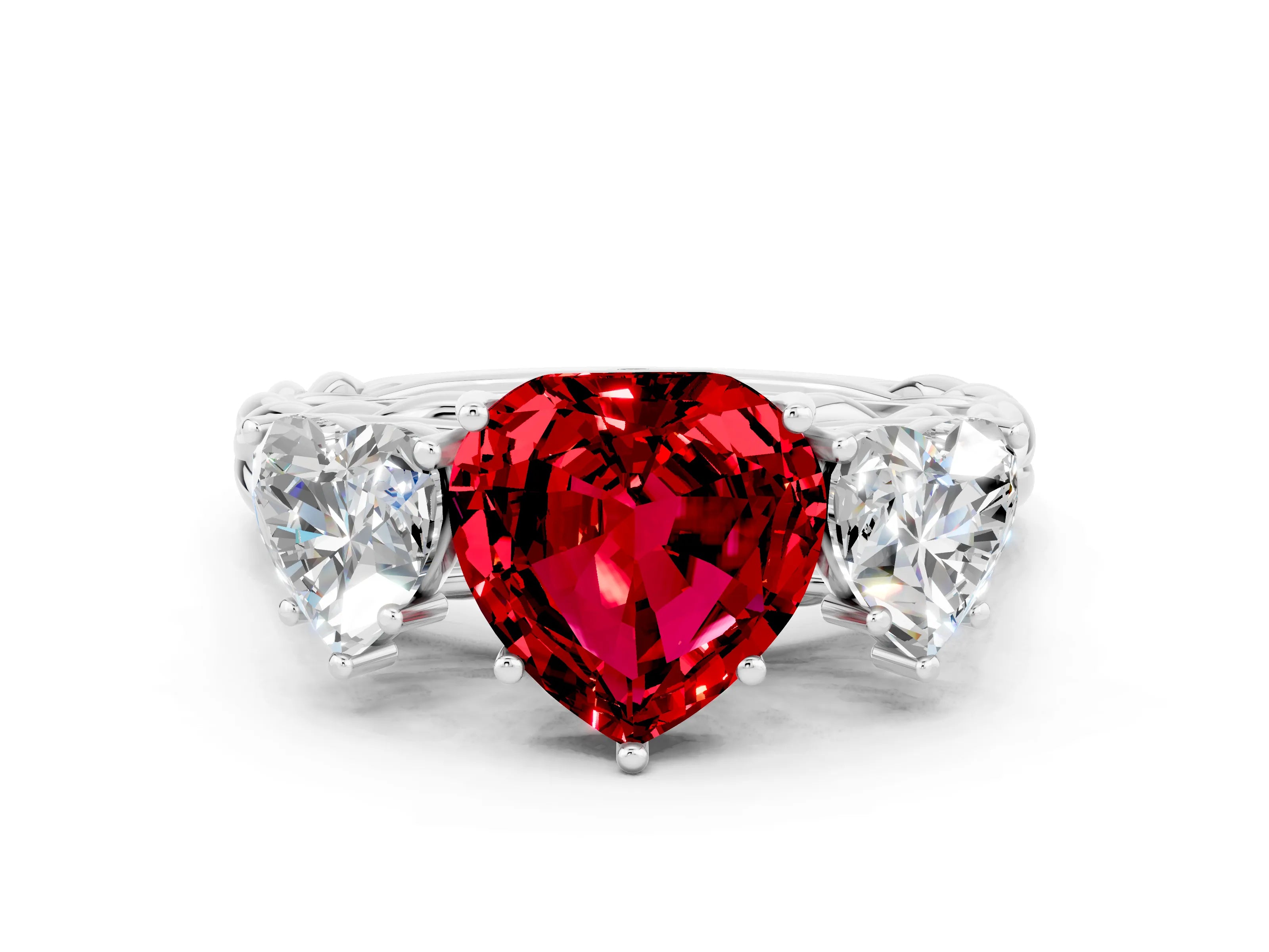 White gold Three-Stone Heart Cut Ruby Braided Band Ring with Four-Prong Setting_48