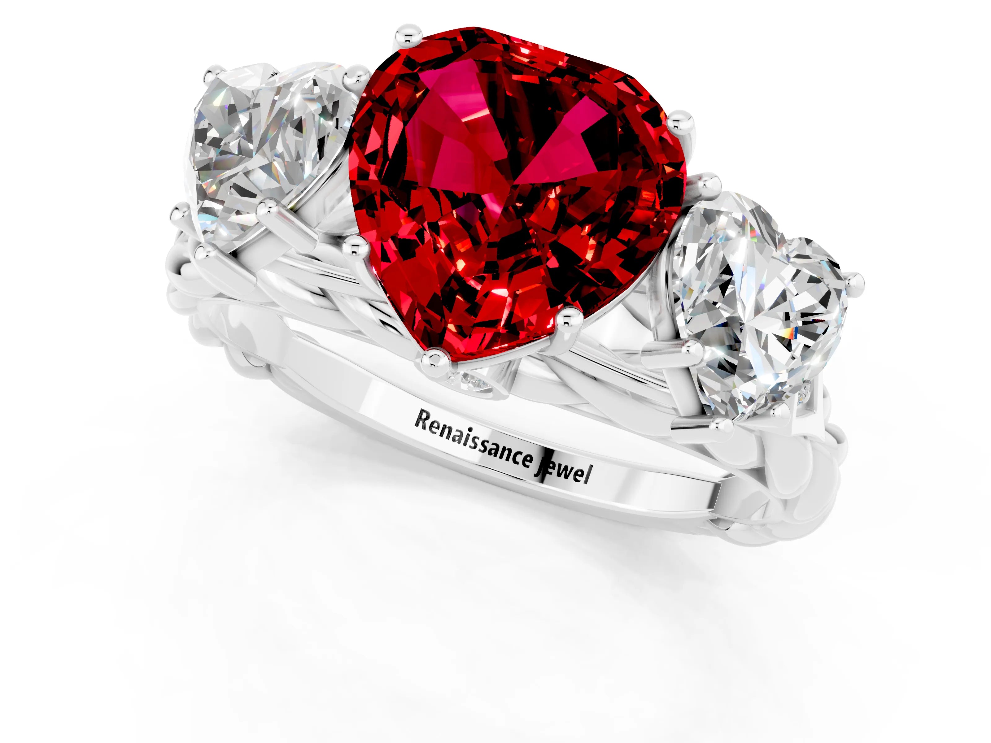 White gold Three-Stone Heart Cut Ruby Braided Band Ring with Four-Prong Setting_49