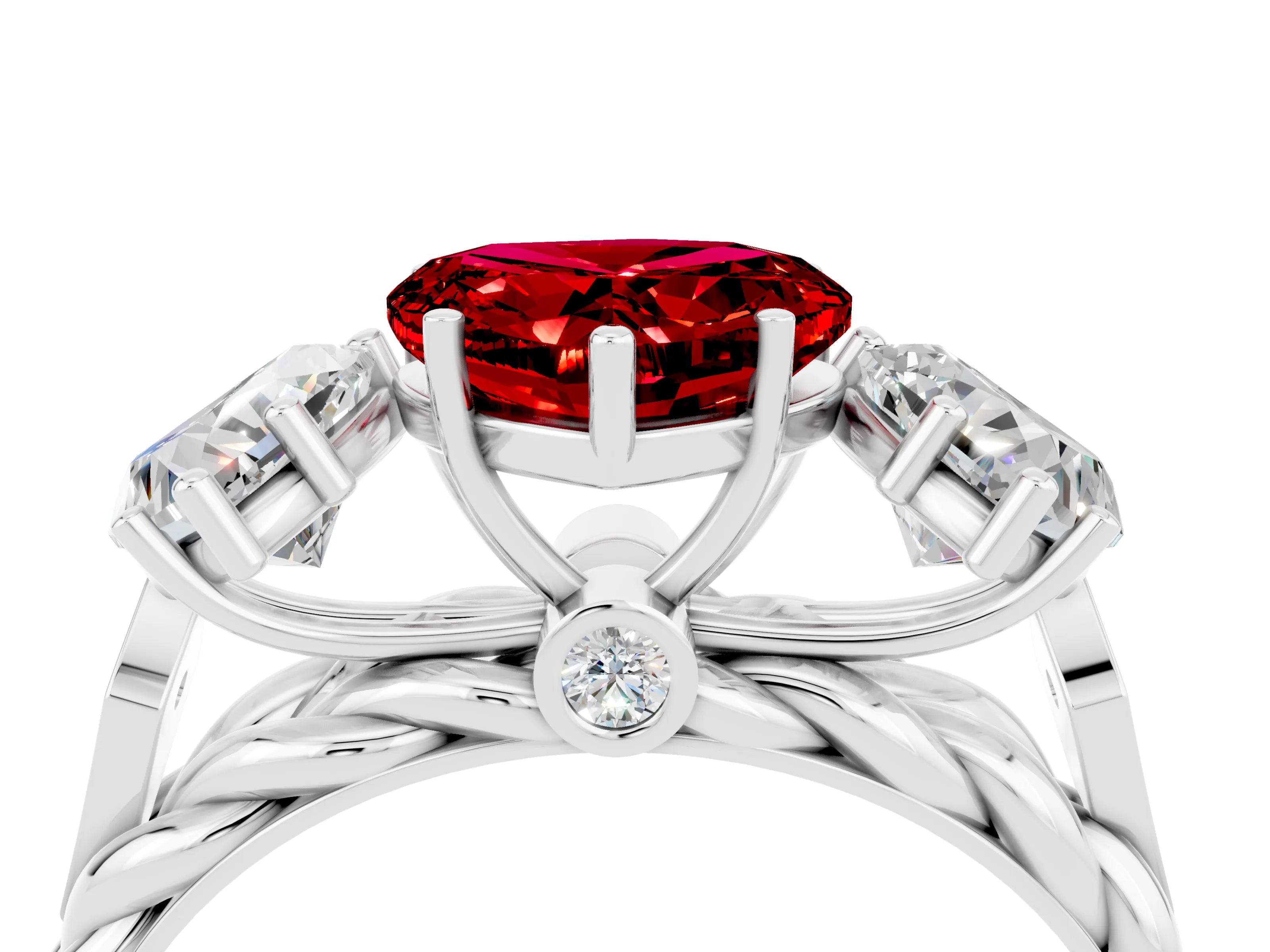 White gold Three-Stone Heart Cut Ruby Braided Band Ring with Four-Prong Setting_52