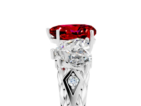 White gold Three-Stone Heart Cut Ruby Braided Band Ring with Four-Prong Setting_53