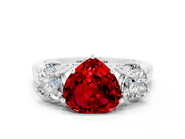 Platinum Three-Stone Heart Cut Ruby Engagement Ring with Prong Setting