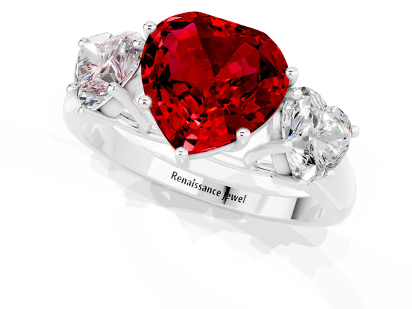 White gold Three-Stone Heart Cut Ruby Engagement Ring with Prong Setting