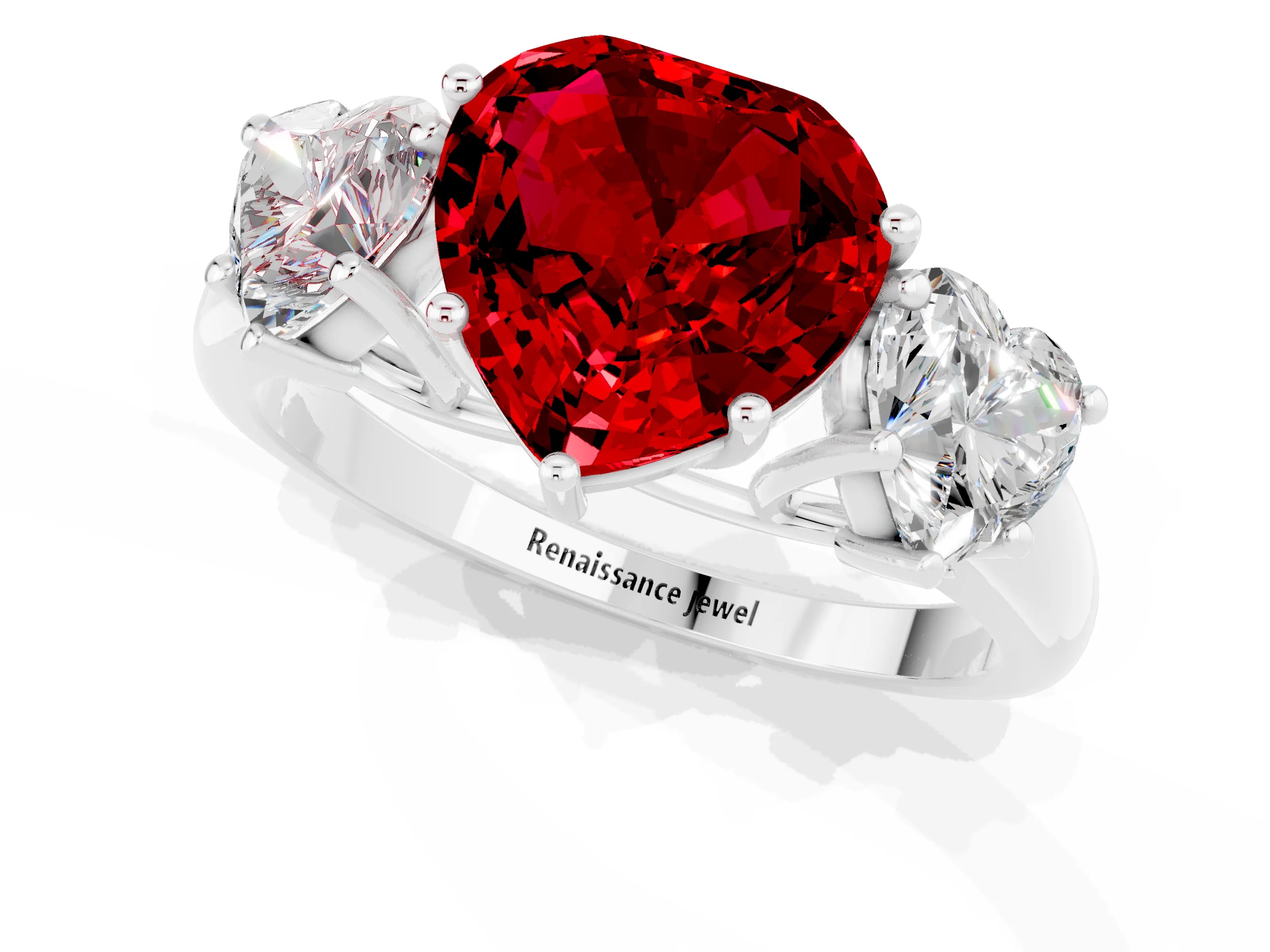 White gold Three-Stone Heart Cut Ruby Engagement Ring with Prong Setting_1