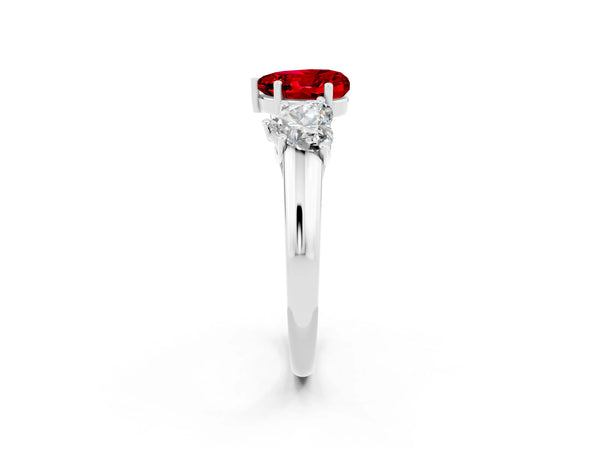 Silver Three-Stone Heart Cut Ruby Engagement Ring with Prong Setting