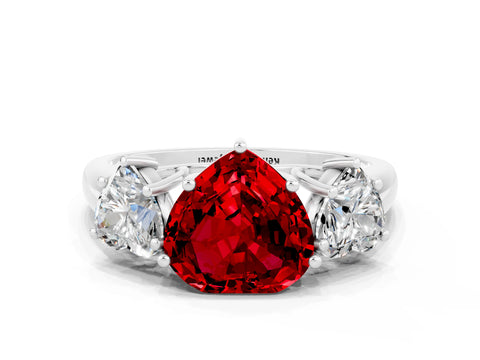 White gold Three-Stone Heart Cut Ruby Engagement Ring with Prong Setting