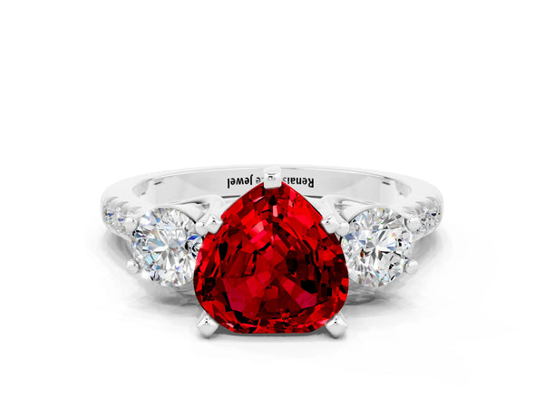 Platinum Three-Stone Heart Cut Ruby Pavé Band with Four-Prong Setting