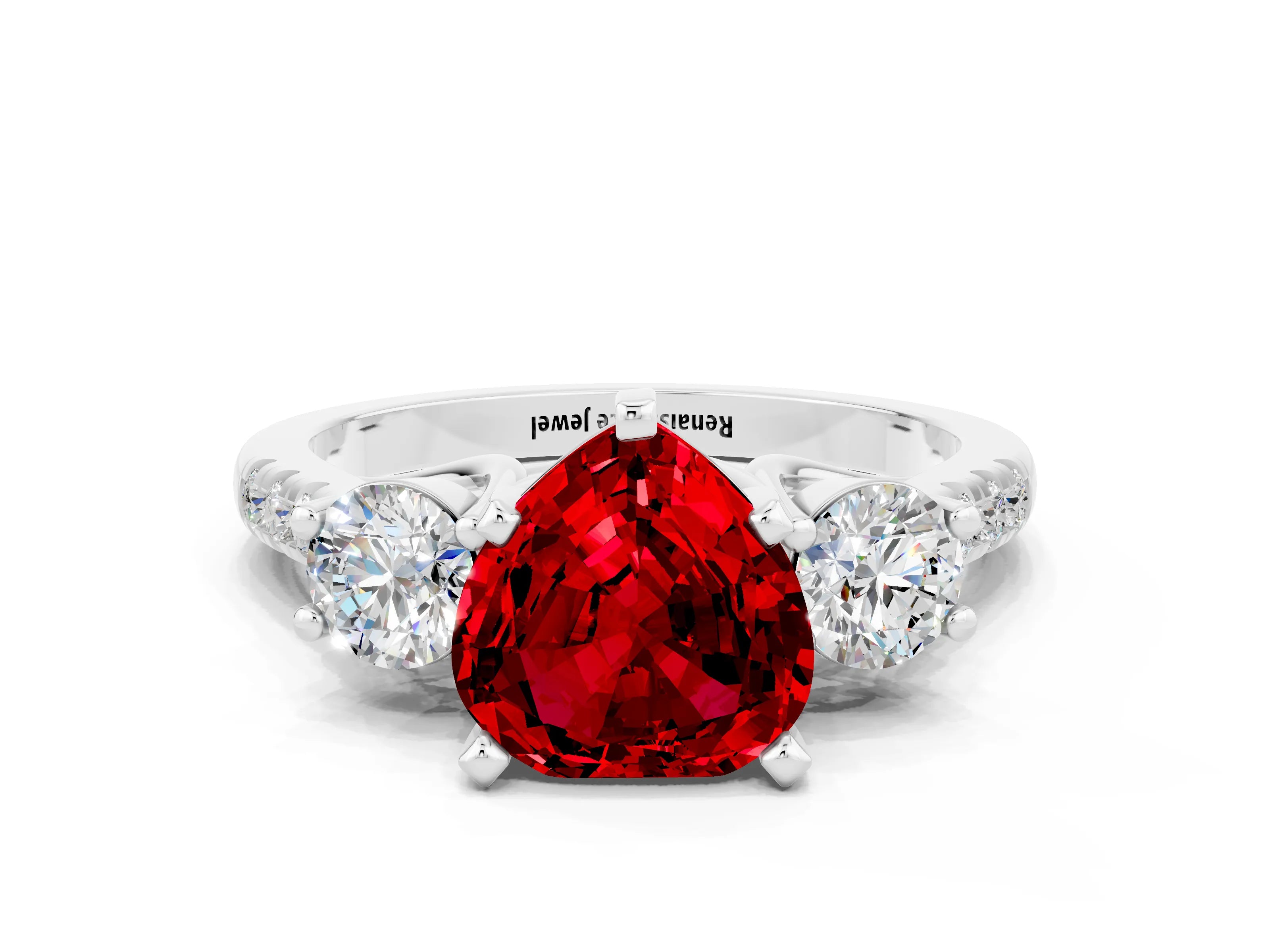 White gold Three-Stone Heart Cut Ruby Pavé Band with Four-Prong Setting