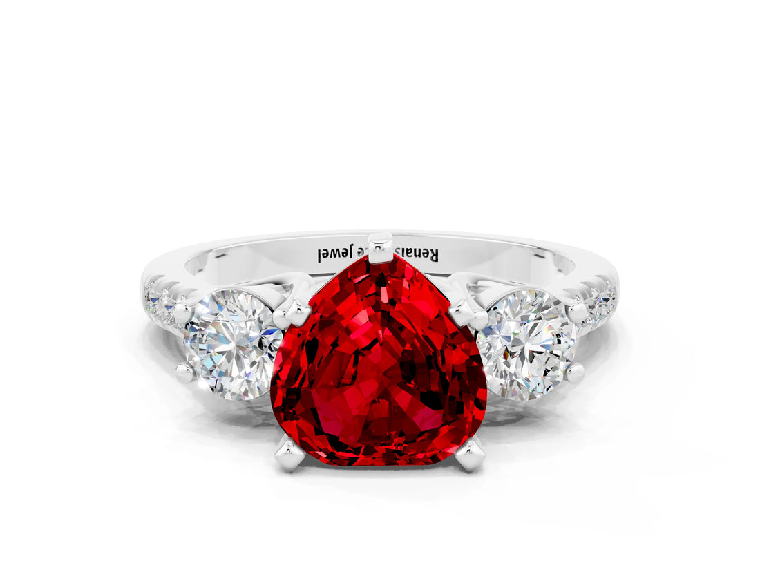 White gold Three-Stone Heart Cut Ruby Pavé Band with Four-Prong Setting