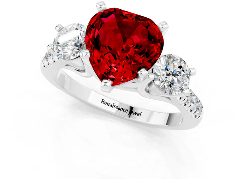 White gold Three-Stone Heart Cut Ruby Pavé Band with Four-Prong Setting_1