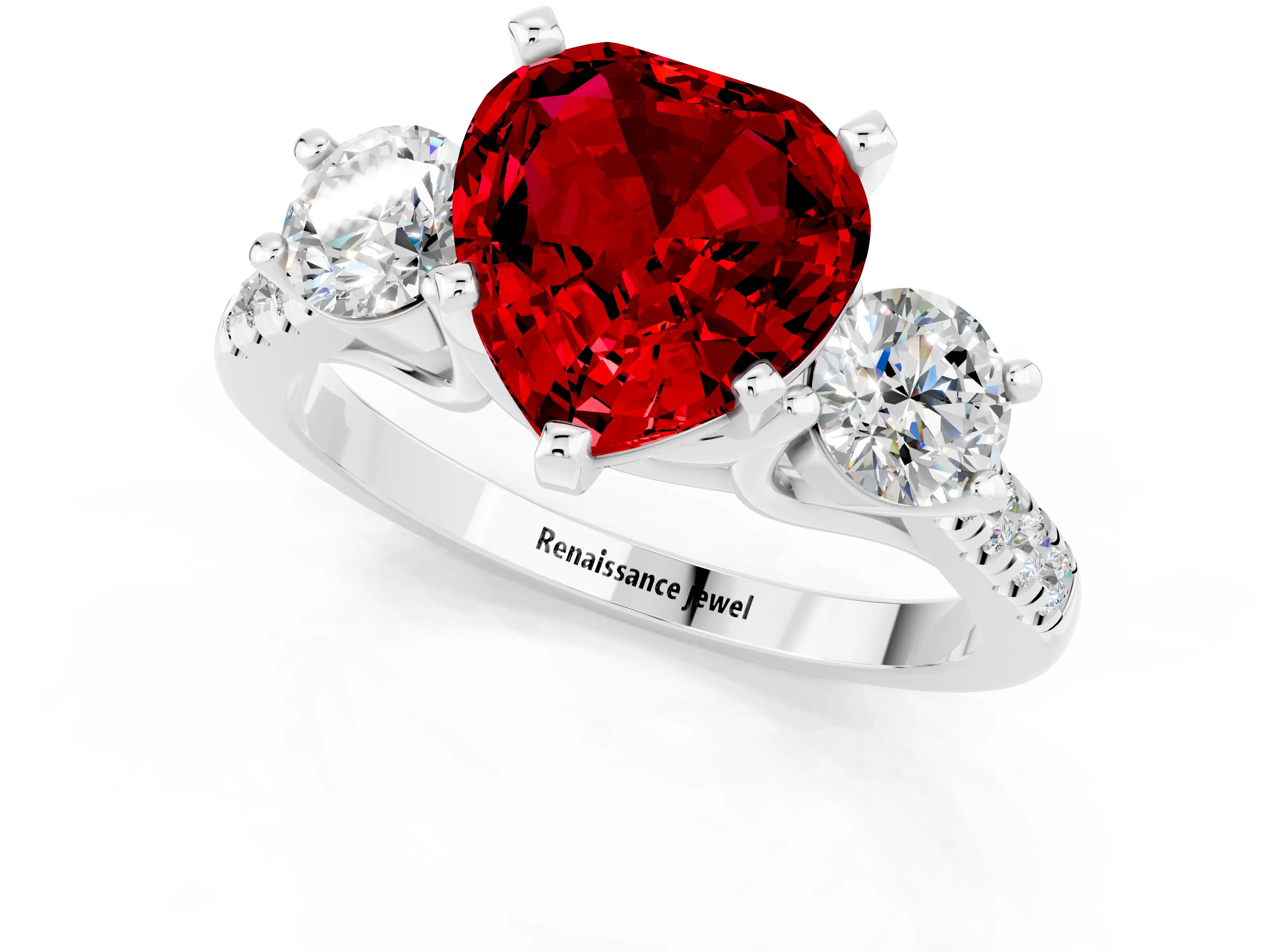 White gold Three-Stone Heart Cut Ruby Pavé Band with Four-Prong Setting_1