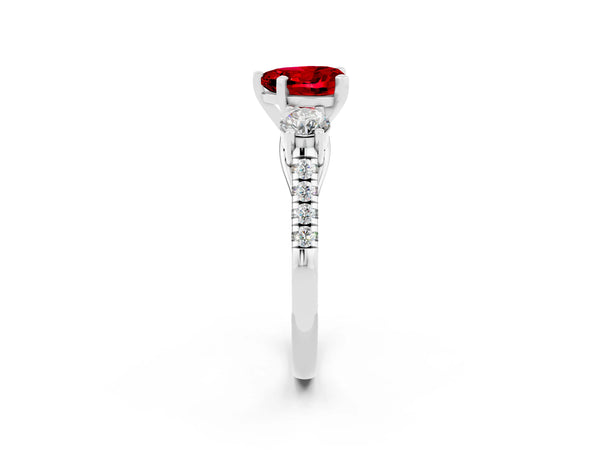 Platinum Three-Stone Heart Cut Ruby Pavé Band with Four-Prong Setting