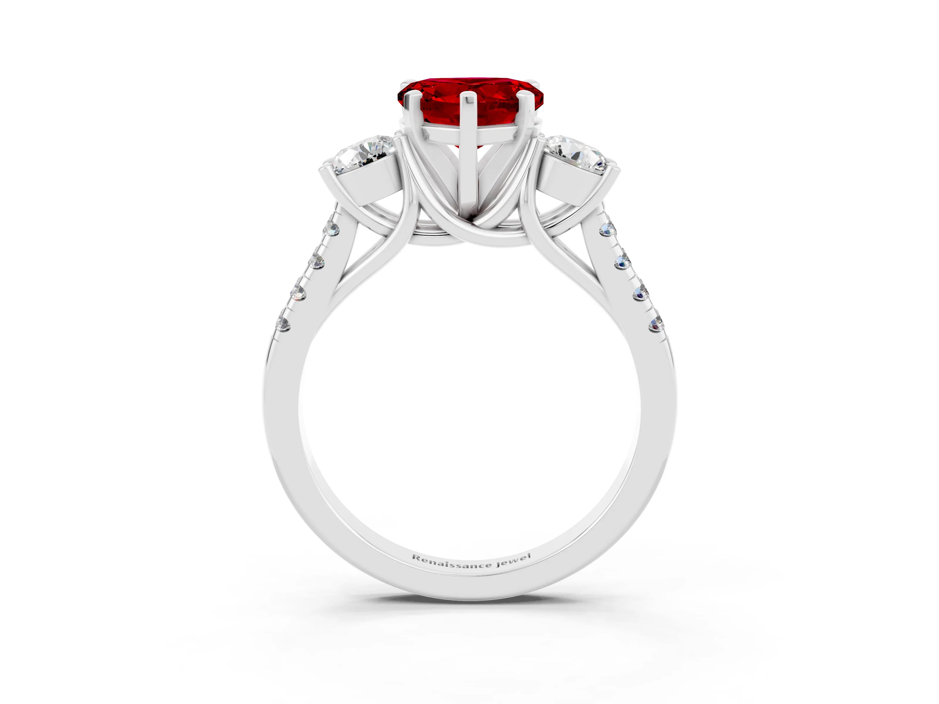 White gold Three-Stone Heart Cut Ruby Pavé Band with Four-Prong Setting_3