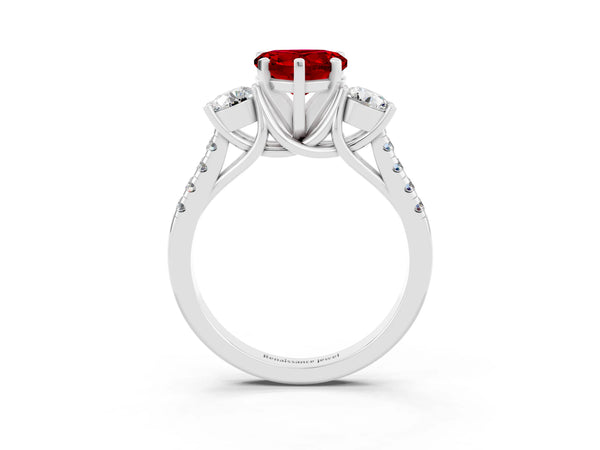 White gold Three-Stone Heart Cut Ruby Pavé Band with Four-Prong Setting