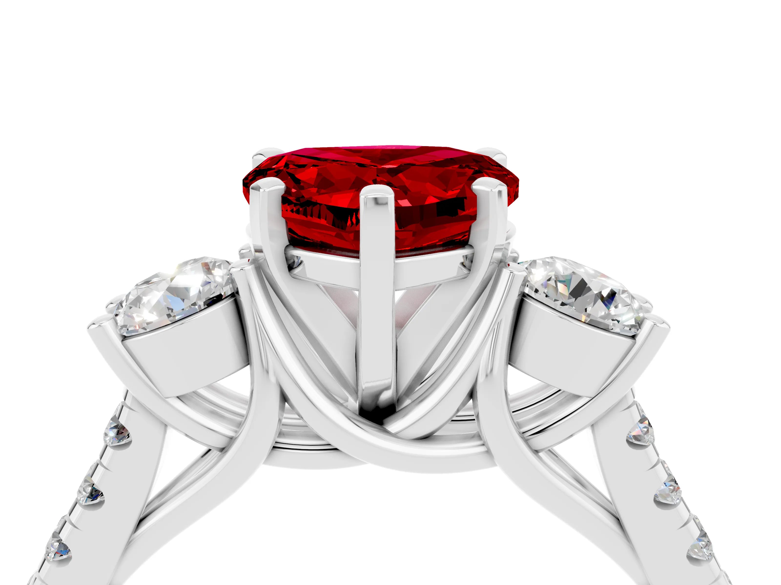 White gold Three-Stone Heart Cut Ruby Pavé Band with Four-Prong Setting_4