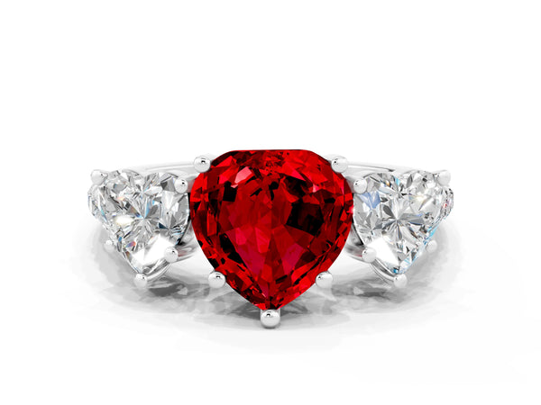 Silver Three-Stone Heart Cut Ruby Ring with Round  Pavé Band and Prong Setting