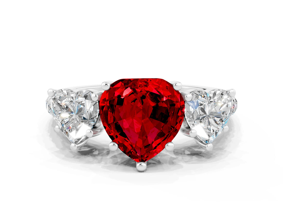White gold Three-Stone Heart Cut Ruby Ring with Pavé Band and Prong Setting_12