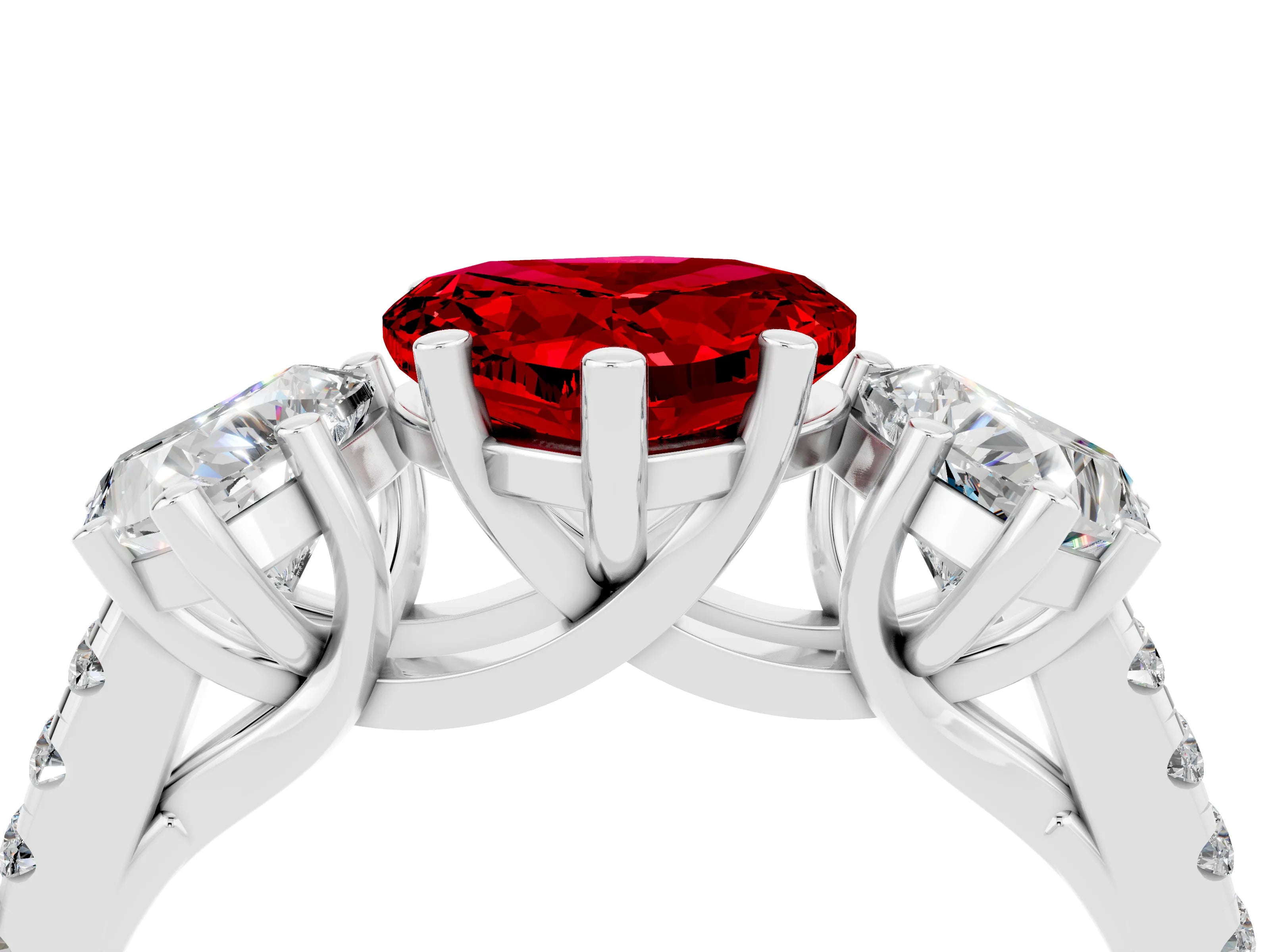 White gold Three-Stone Heart Cut Ruby Ring with Pavé Band and Prong Setting_16
