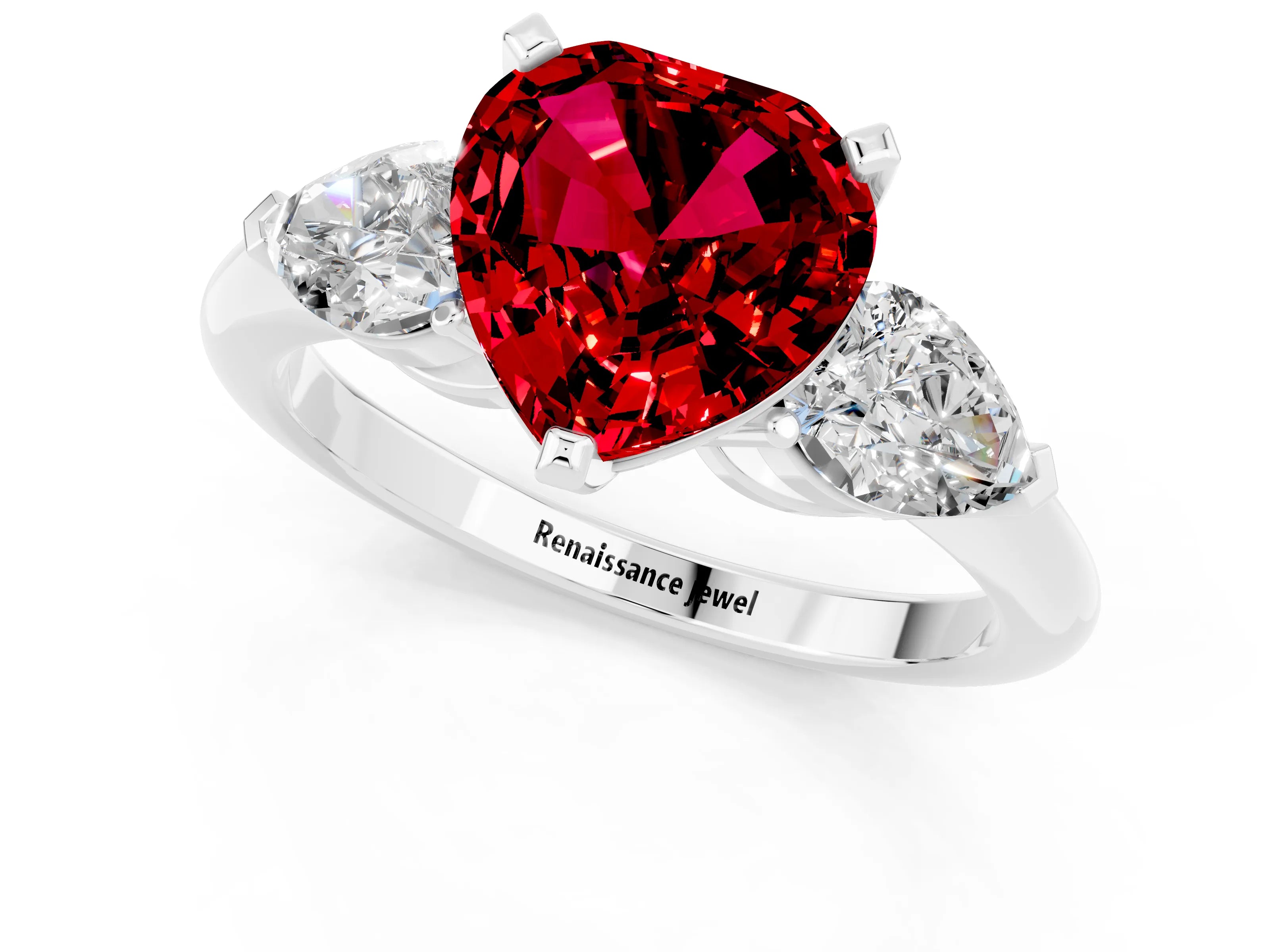 White gold Three-Stone Heart Cut Ruby Ring with Pear Side Stones and Four-Prong Setting_1