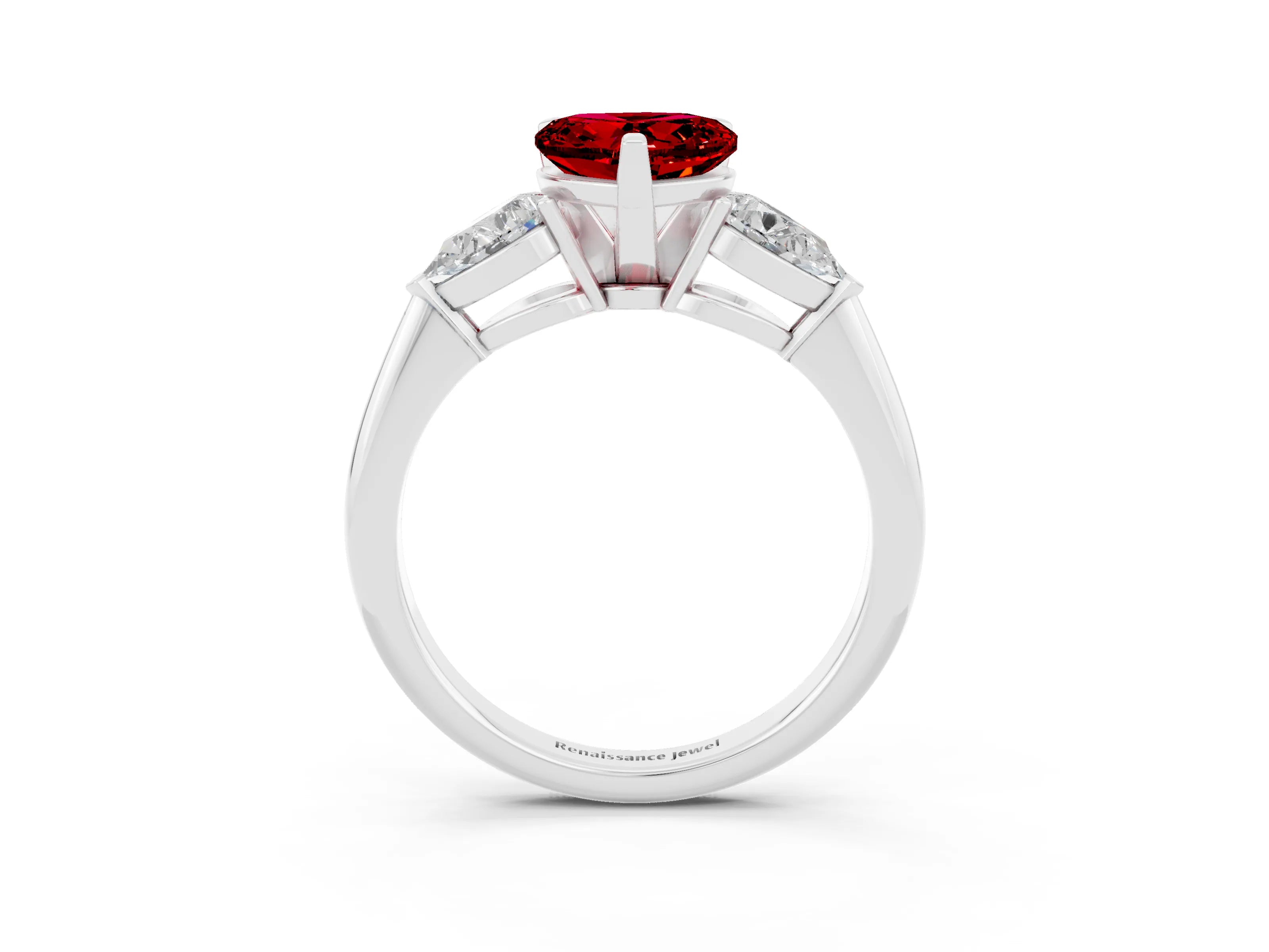 White gold Three-Stone Heart Cut Ruby Ring with Pear Side Stones and Four-Prong Setting_3