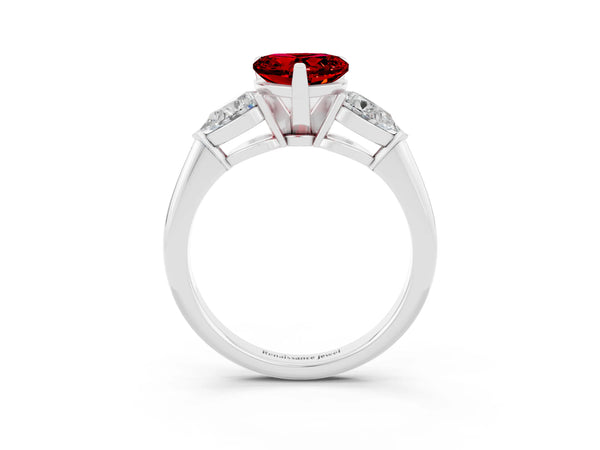 Silver Three-Stone Heart Cut Ruby Ring with Pear Side Stones and Four-Prong Setting