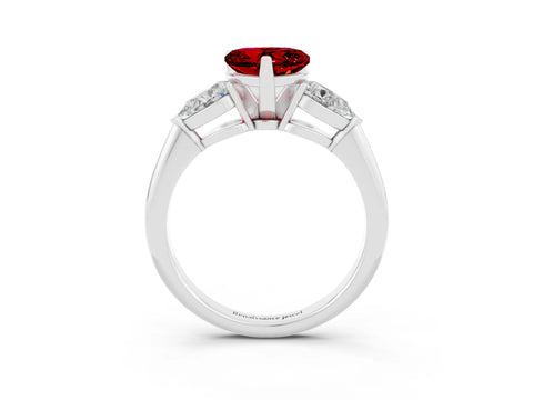 White gold Three-Stone Heart Cut Ruby Ring with Pear Side Stones and Four-Prong Setting_3