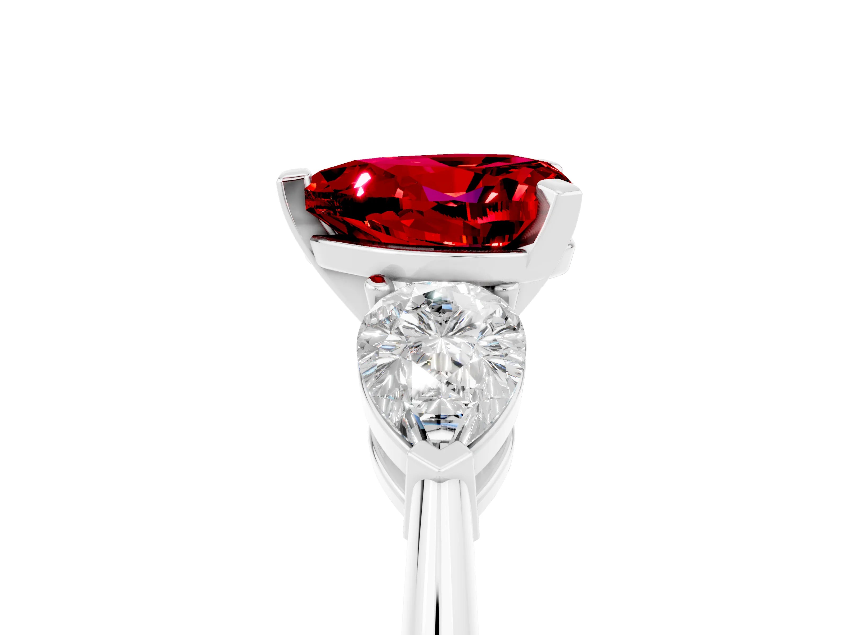 White gold Three-Stone Heart Cut Ruby Ring with Pear Side Stones and Four-Prong Setting_5