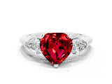 White gold Three-Stone Heart Cut Ruby Ring with Pear Side Stones and Four-Prong Setting