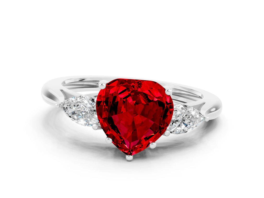 White gold Three-Stone Heart Cut Ruby Ring with Pear  Side Stones in Four-Prong Setting_12