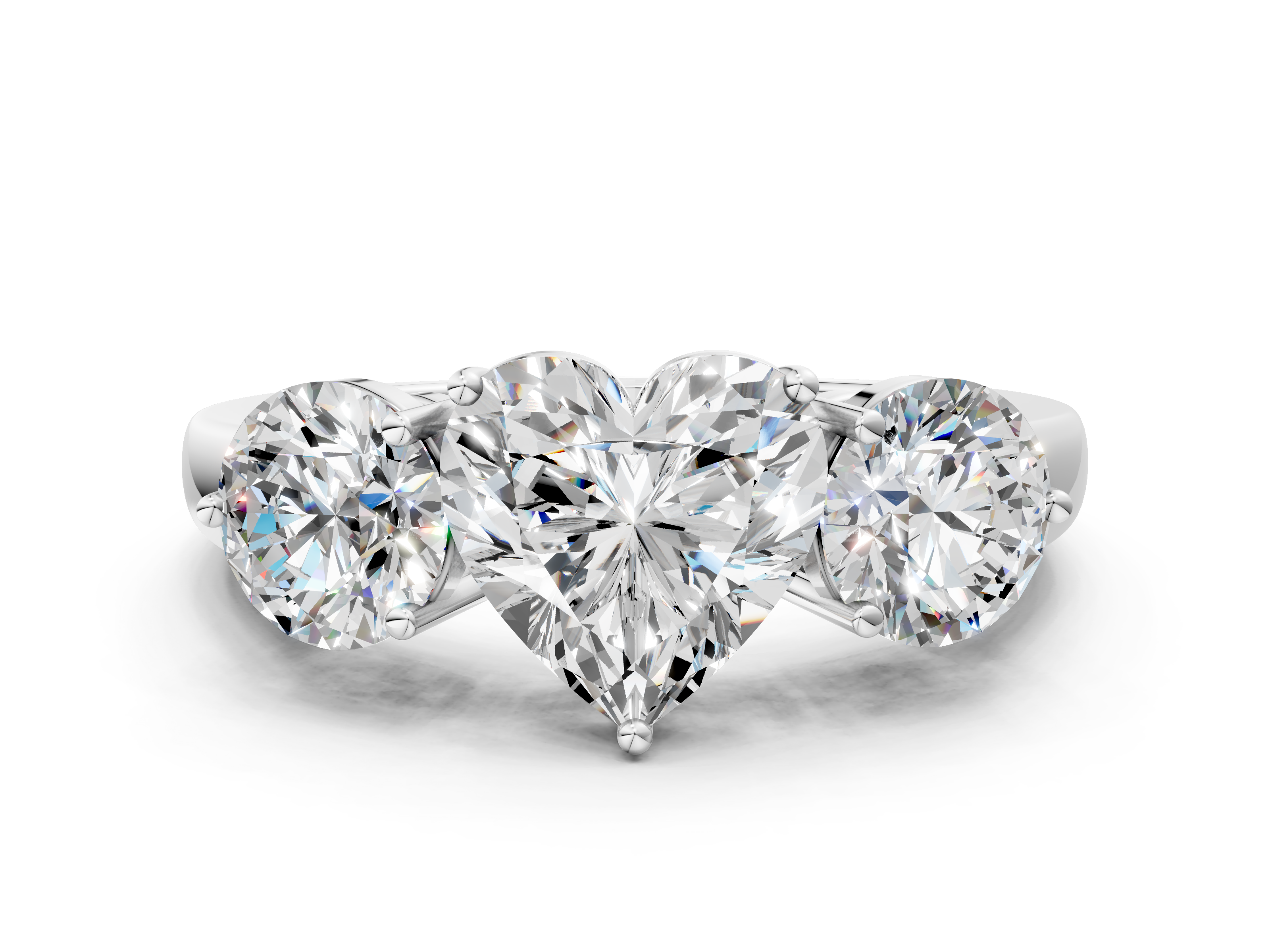 White gold Three-Stone Heart Cut Solitaire Ring with Prong Setting on a Classic Band_69