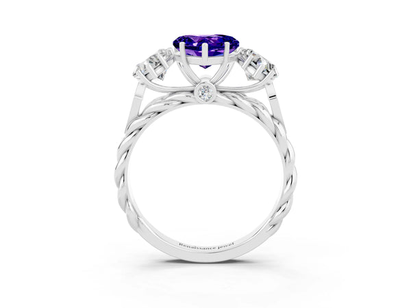 Platinum Three-Stone Heart Cut Tanzanite Braided Band Ring with Four-Prong Setting
