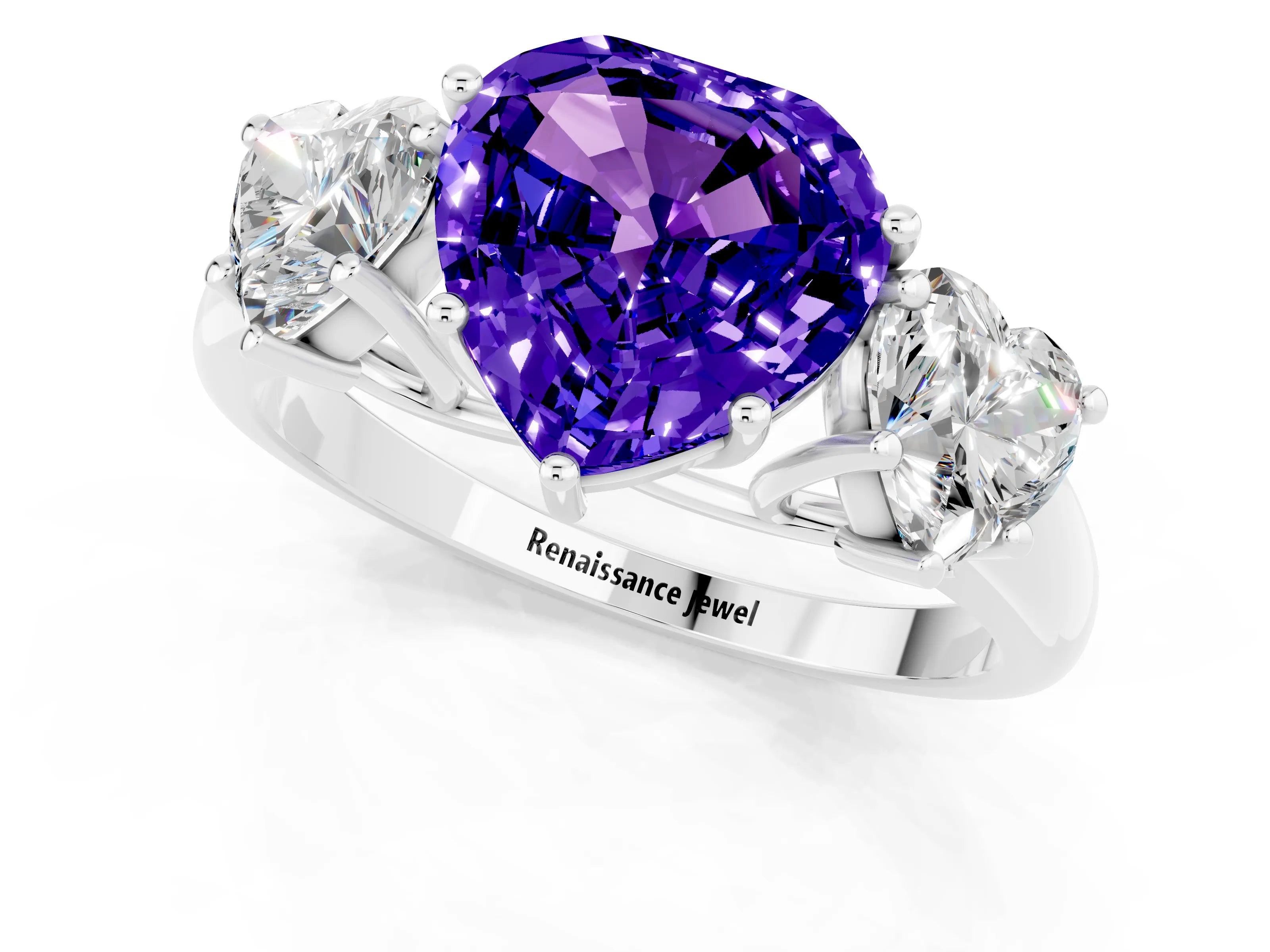 White gold Three-Stone Heart Cut Tanzanite Engagement Ring with Prong Setting_1