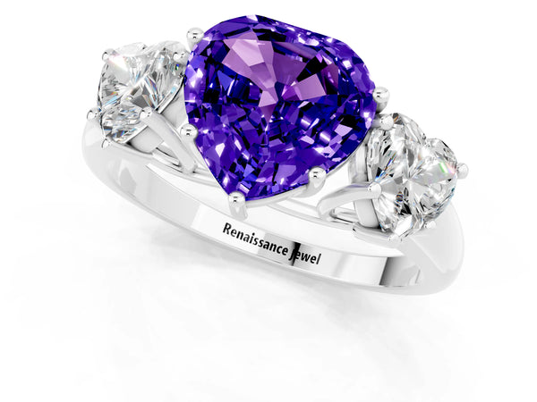 Platinum Three-Stone Heart Cut Tanzanite Engagement Ring with Prong Setting