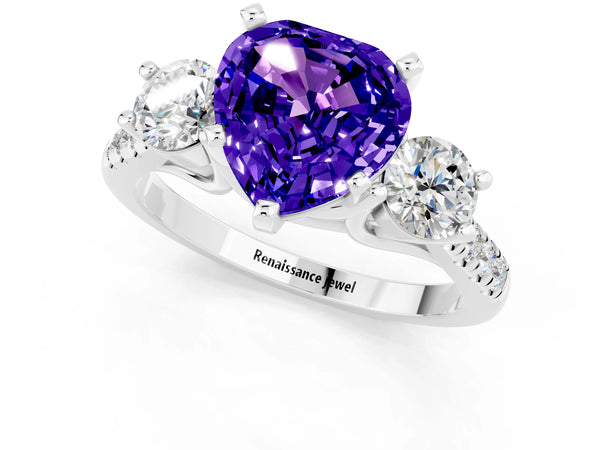 Platinum Three-Stone Heart Cut Tanzanite Pavé Band with Four-Prong Setting