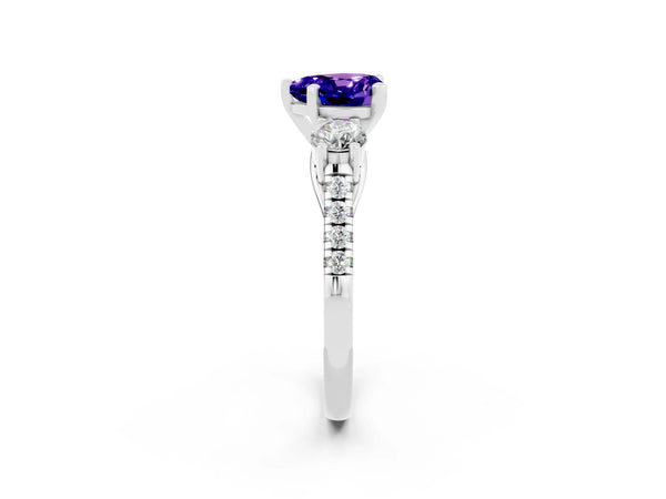 White gold Three-Stone Heart Cut Tanzanite Pavé Band with Four-Prong Setting
