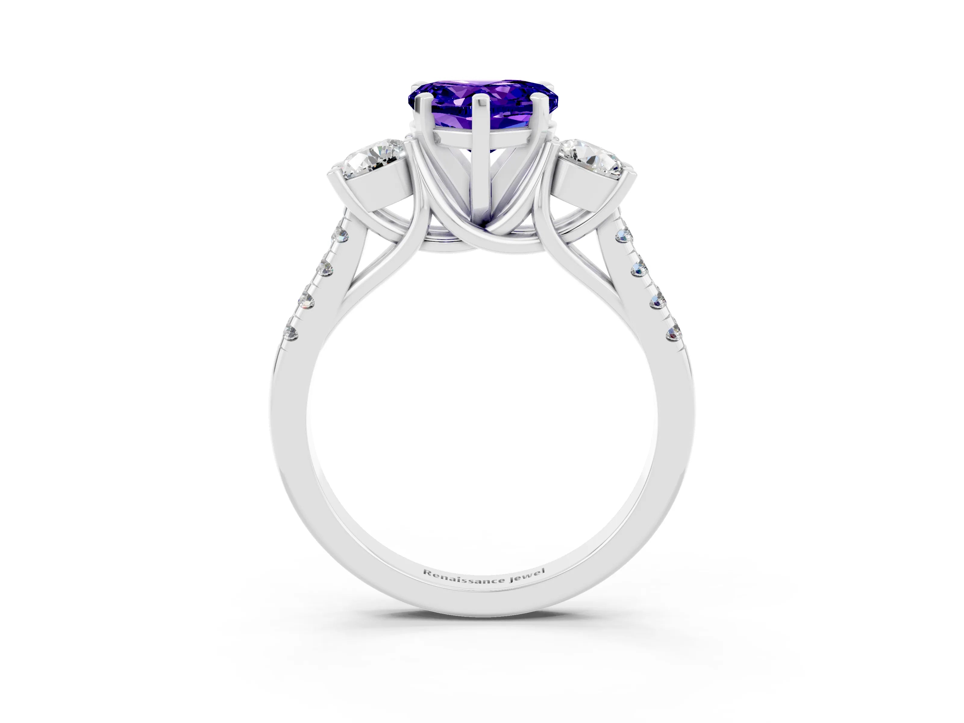 White gold Three-Stone Heart Cut Tanzanite Pavé Band with Four-Prong Setting_3
