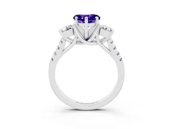 Silver Three-Stone Heart Cut Tanzanite Pavé Band with Four-Prong Setting