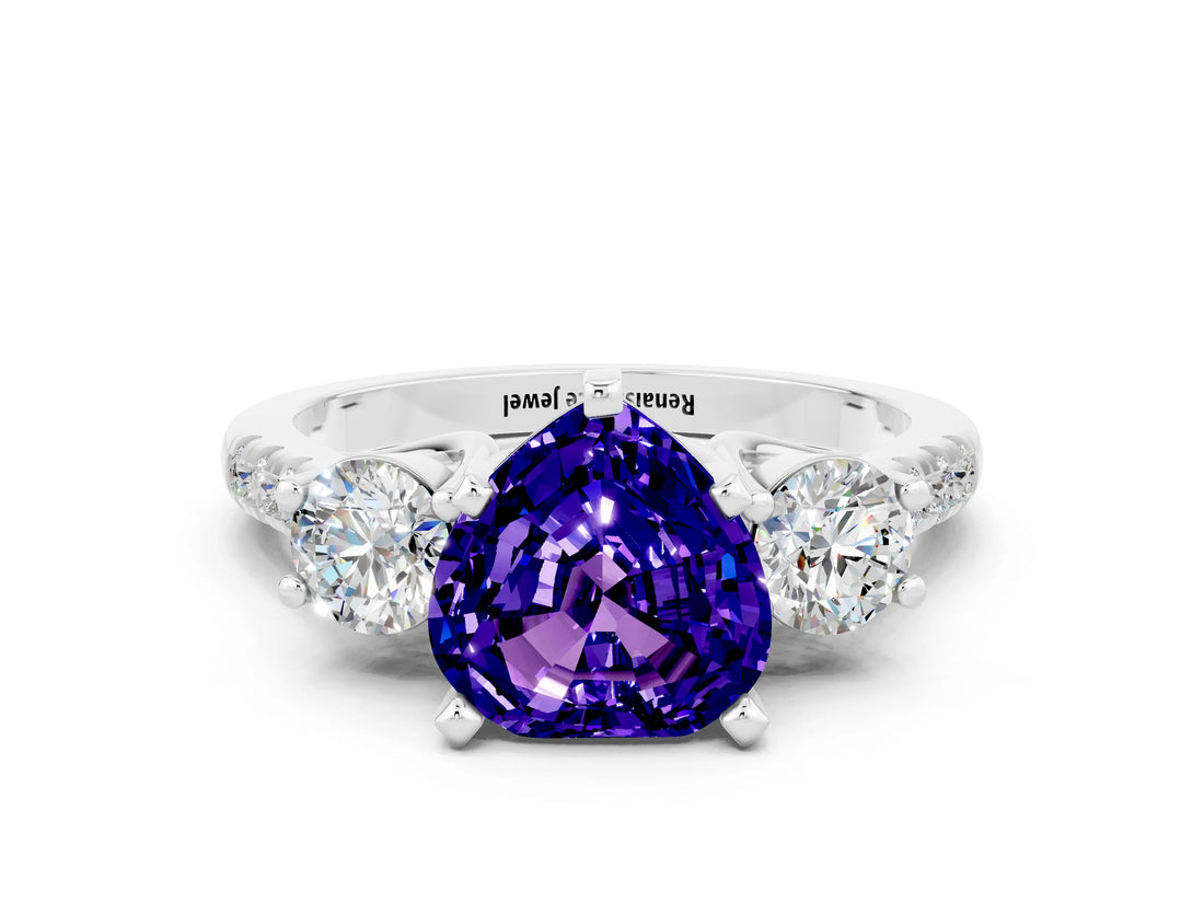 White gold Three-Stone Heart Cut Tanzanite Pavé Band with Four-Prong Setting